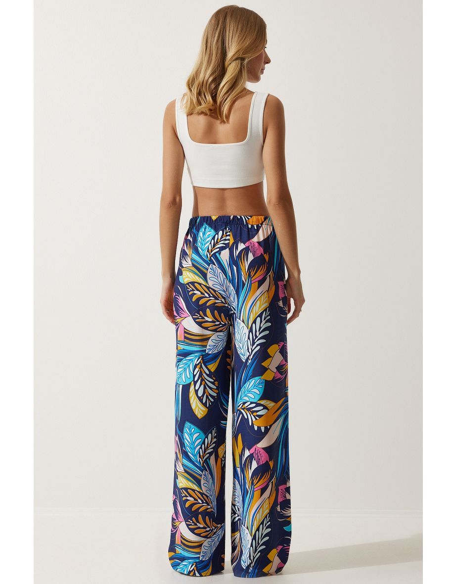 Women's Navy Blue Yellow High Waist Summer Wide Viscose Trousers - 4