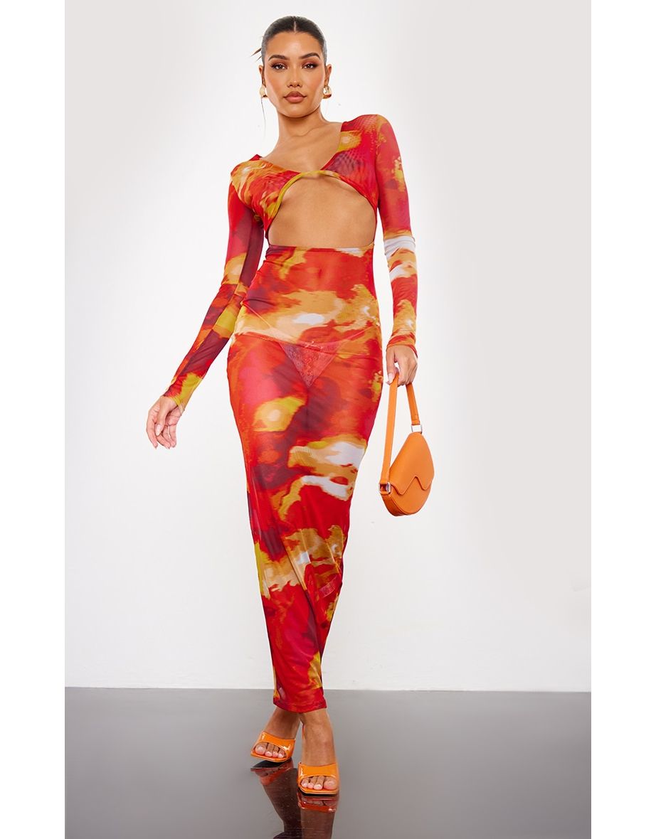 Red Abstract Print Cut Out Long Sleeve Mesh Maxi Dress