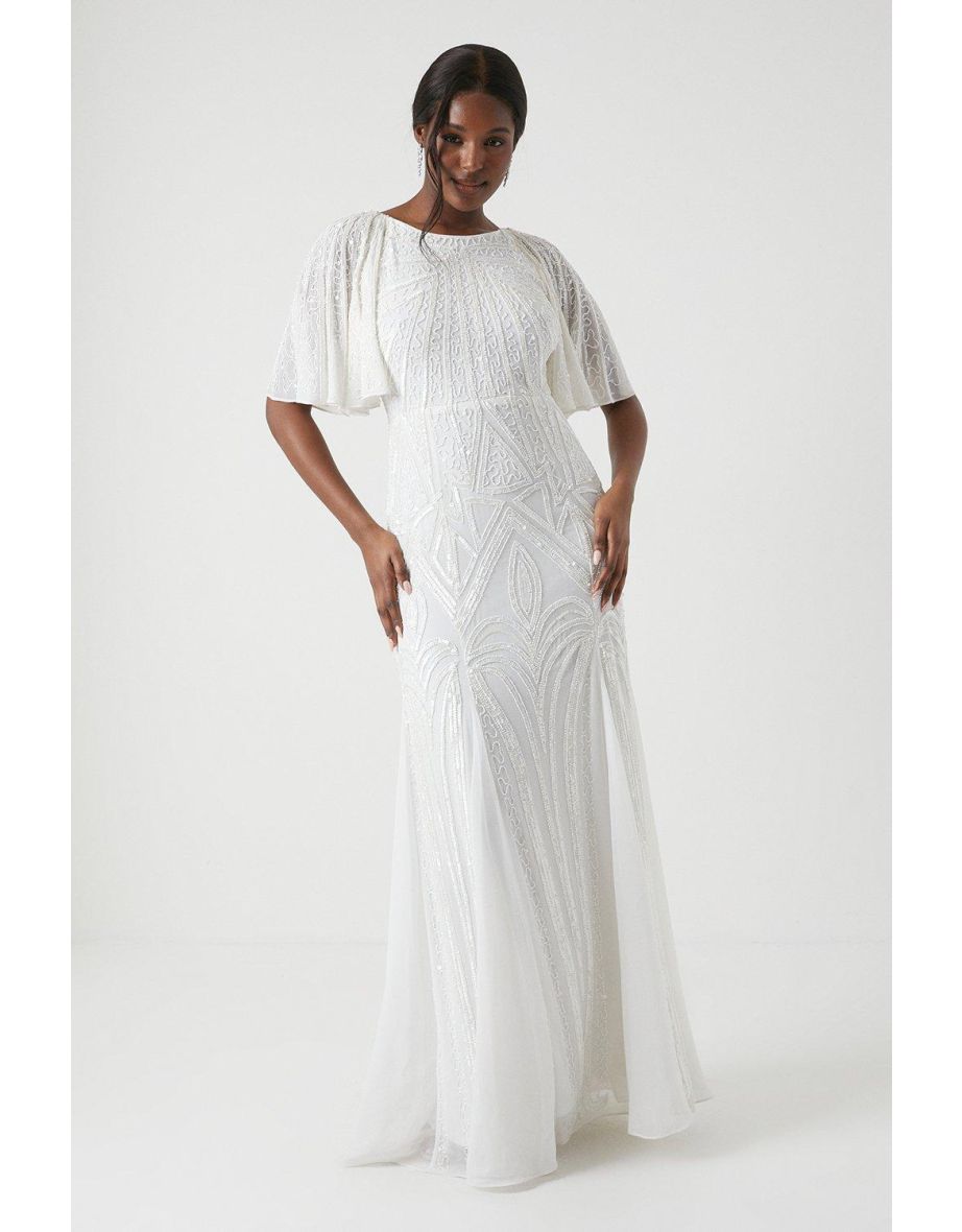 Premium Embellished Angel Sleeve Fishtail Wedding Dress