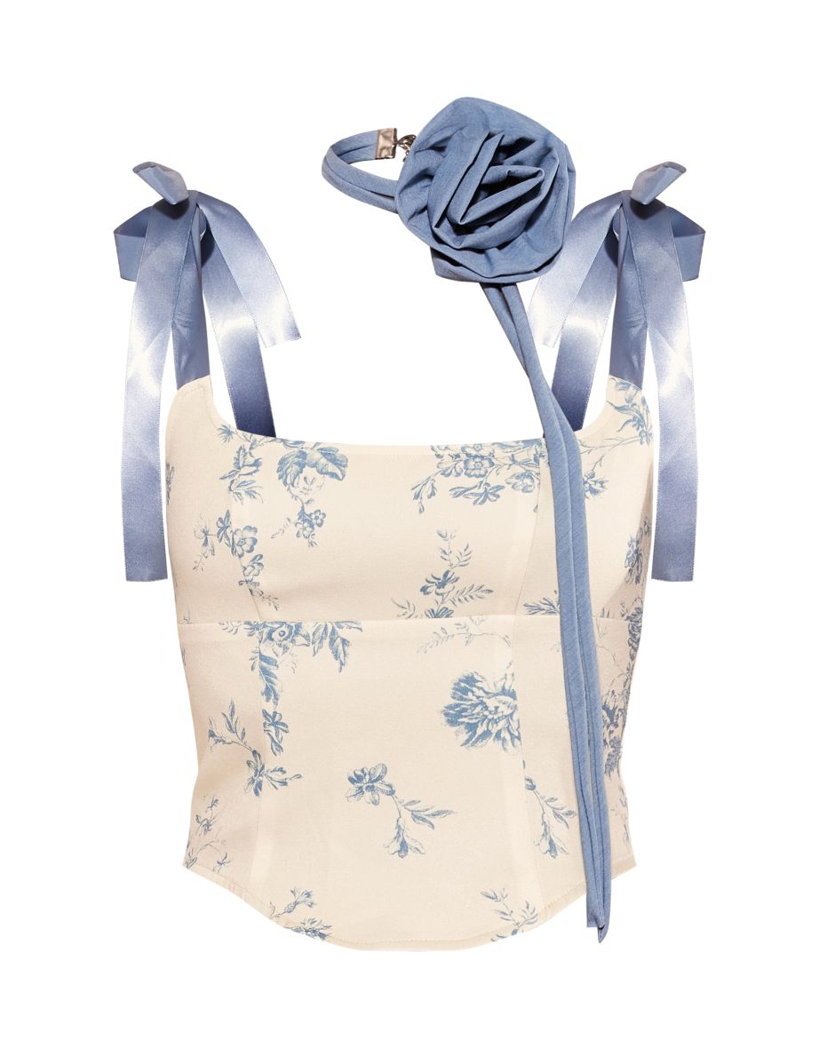 Lemon Floral Woven Bow Strap Corset - 4