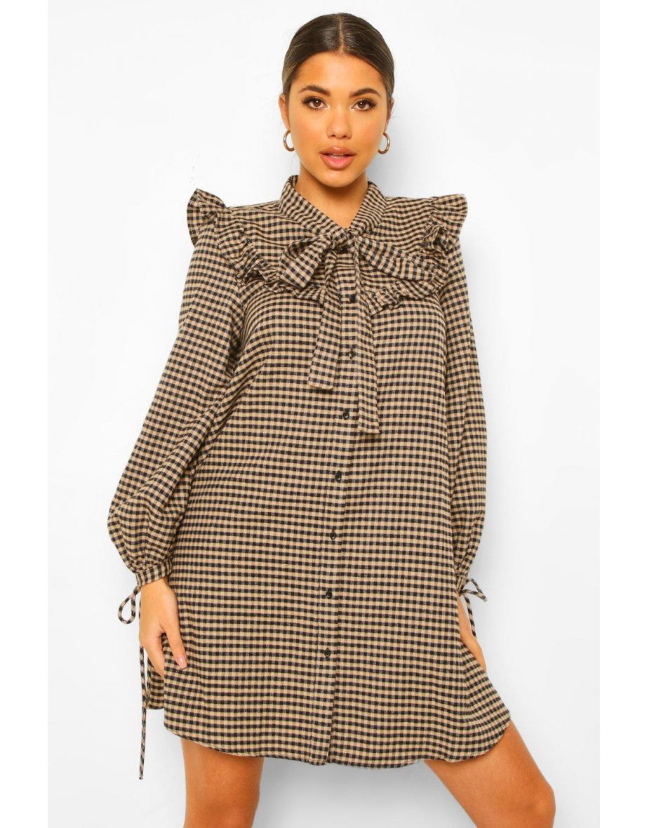 Ruffle Bow Gingham Smock Dress - brown - 3