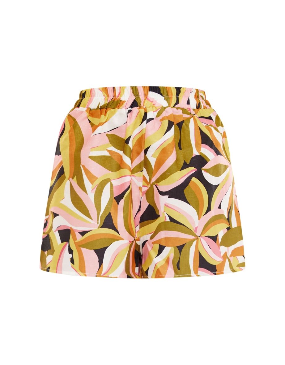 Khaki Floral Print Linen Look Elasticated Beach Shorts - 5