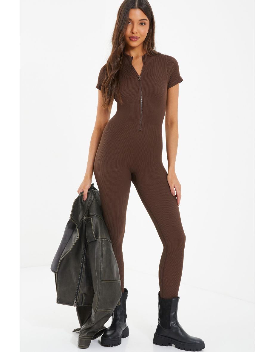 Brown Seamless Zip Jumpsuit