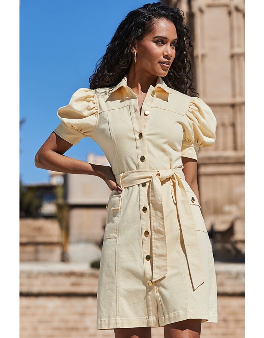 Shop Yellow Puff Sleeve Belted Denim Dress Online in Bahrain VogaCloset