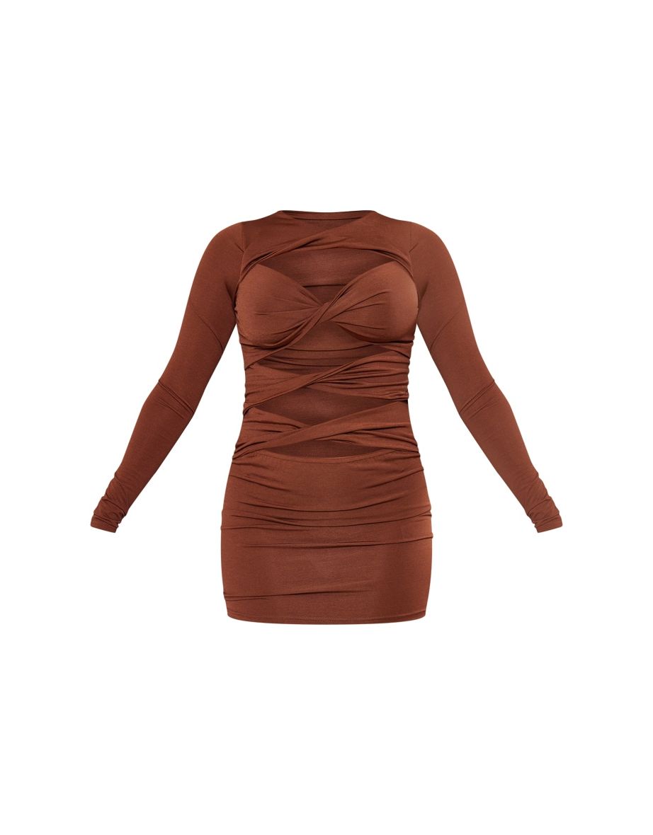 Chocolate Slinky Twist Cut Out Long Sleeve Bodycon Dress - 4