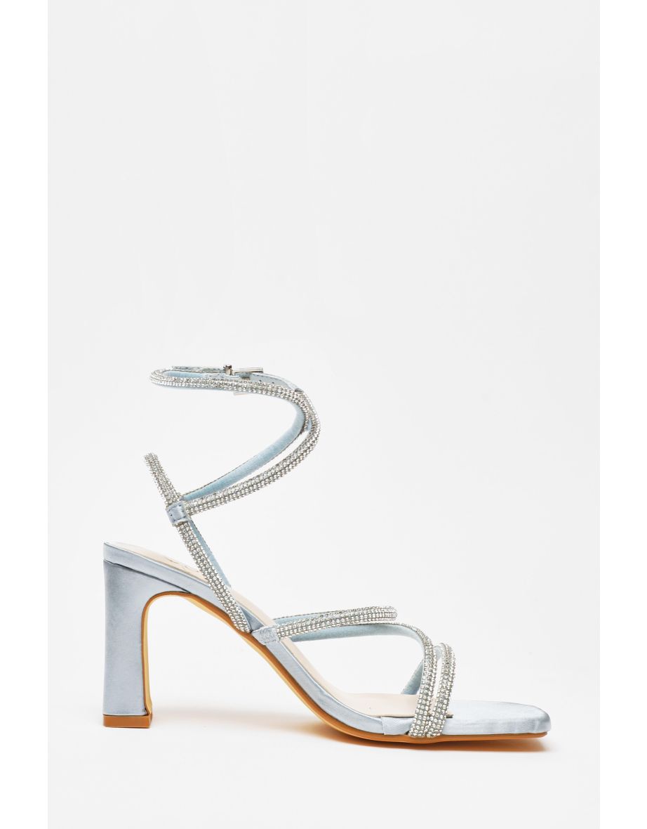 Blue Diamante Strappy Block Heeled Sandals - 4