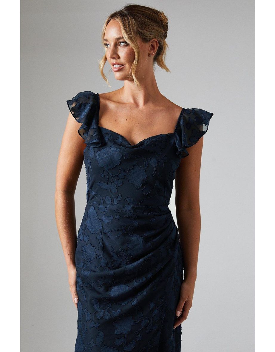 Floral Detail Fabric Ruche Front Bridesmaids Dress - 3