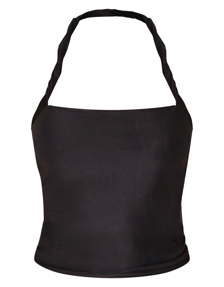 Black Halter Neck Twist Strap Detail Crop Top - 4