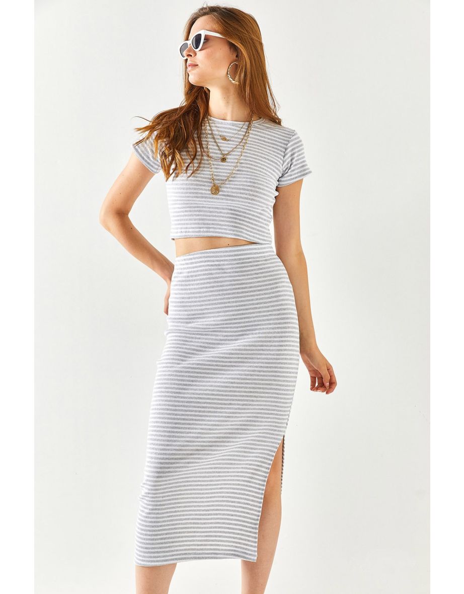 Women's Striped Gray Short Sleeved Lycra Suit with a Slit and Skirt