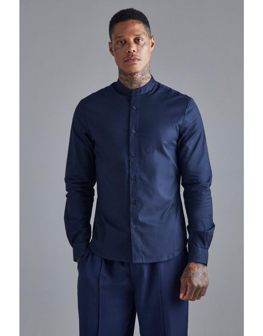 Long Sleeve Grandad Collar Slim Shirt - navy