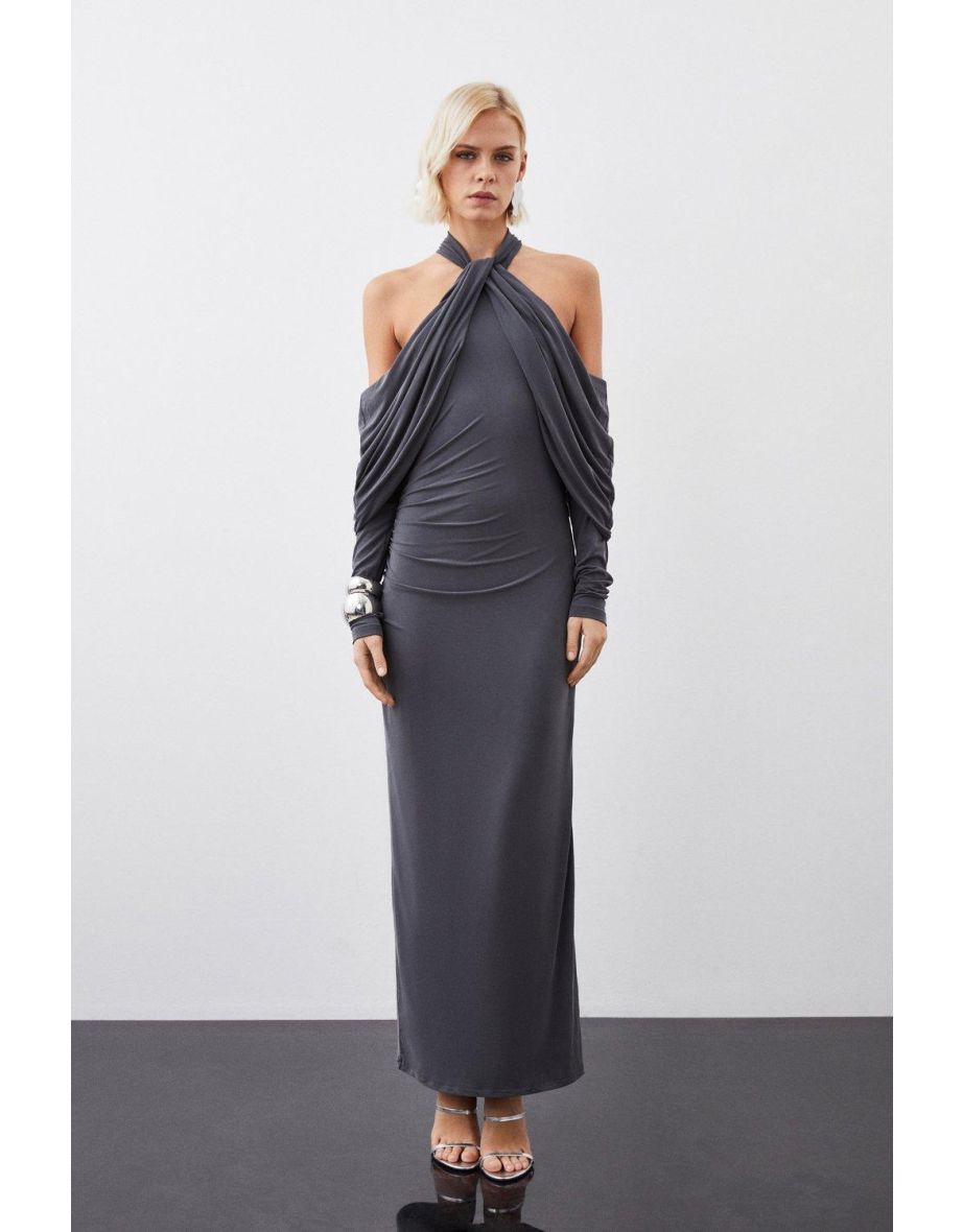 Grey Petite Halter Neck Column Maxi Dress with Long Sleeve