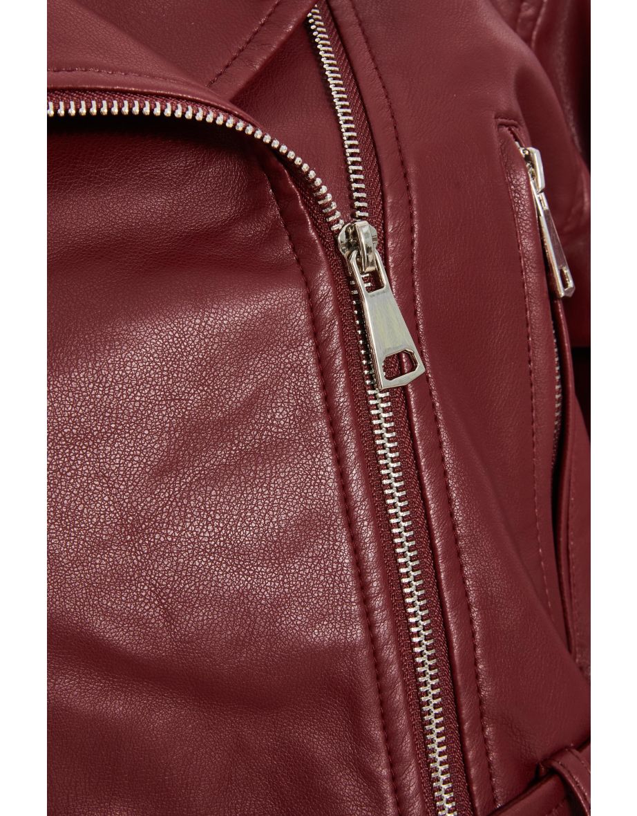 Red Faux Leather Oversized Biker Jacket - 5