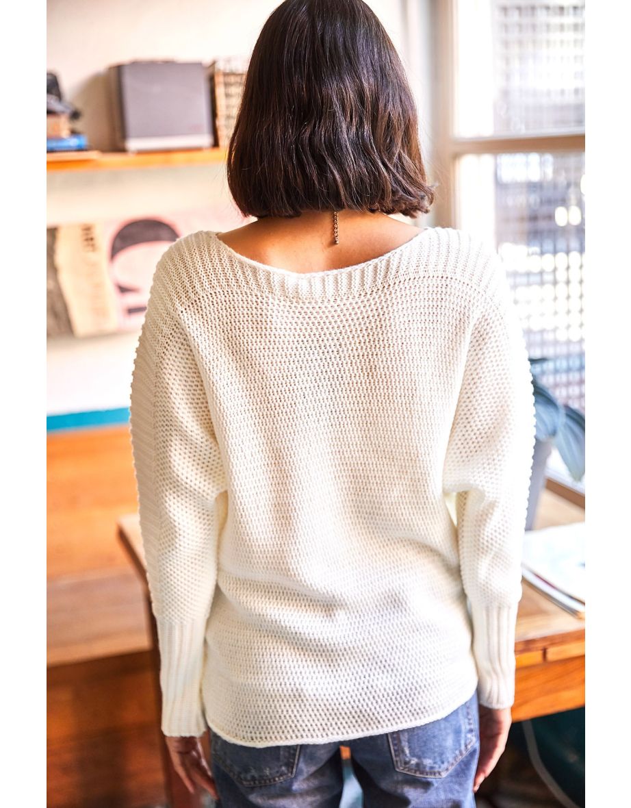 Women's Ecru Sleeve Detailed Honeycomb Knitted Sweater - 4