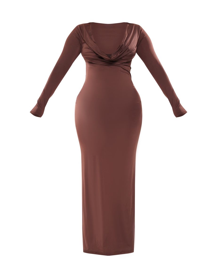 Shape Chocolate Brown Cowl Neck Long Sleeve Maxi Dress - 4