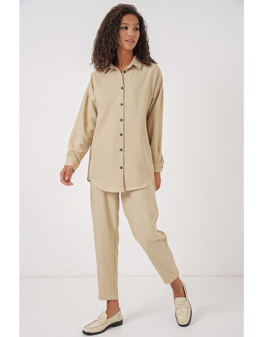 Women's Beige Oversize Linen Bottom Top Set