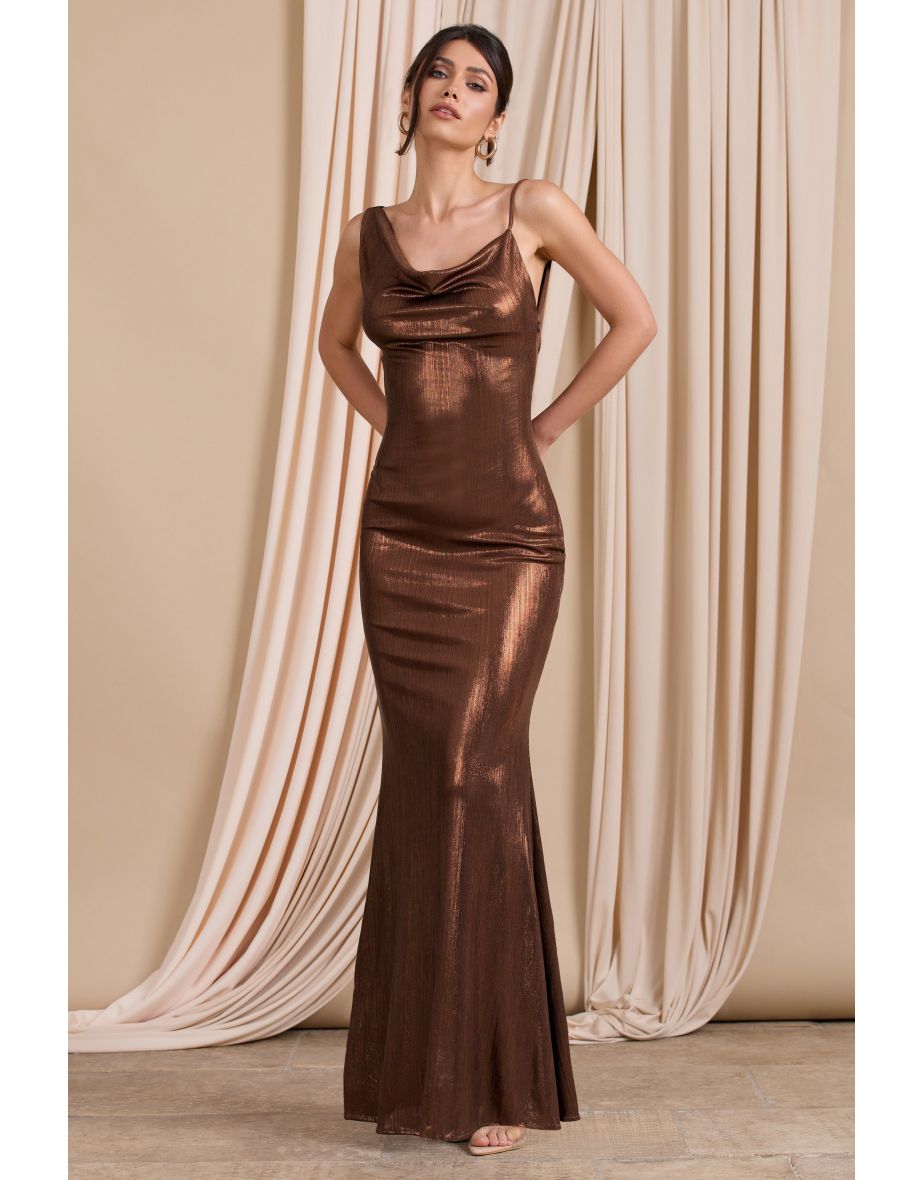 Galaxy Shimmer | Bronze Bias Cut Cowl Front Maxi Dress - 4