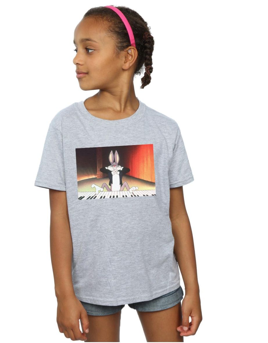 Looney Tunes Girls Bugs Bunny Playing Piano Cotton T-Shirt - Sports Grey