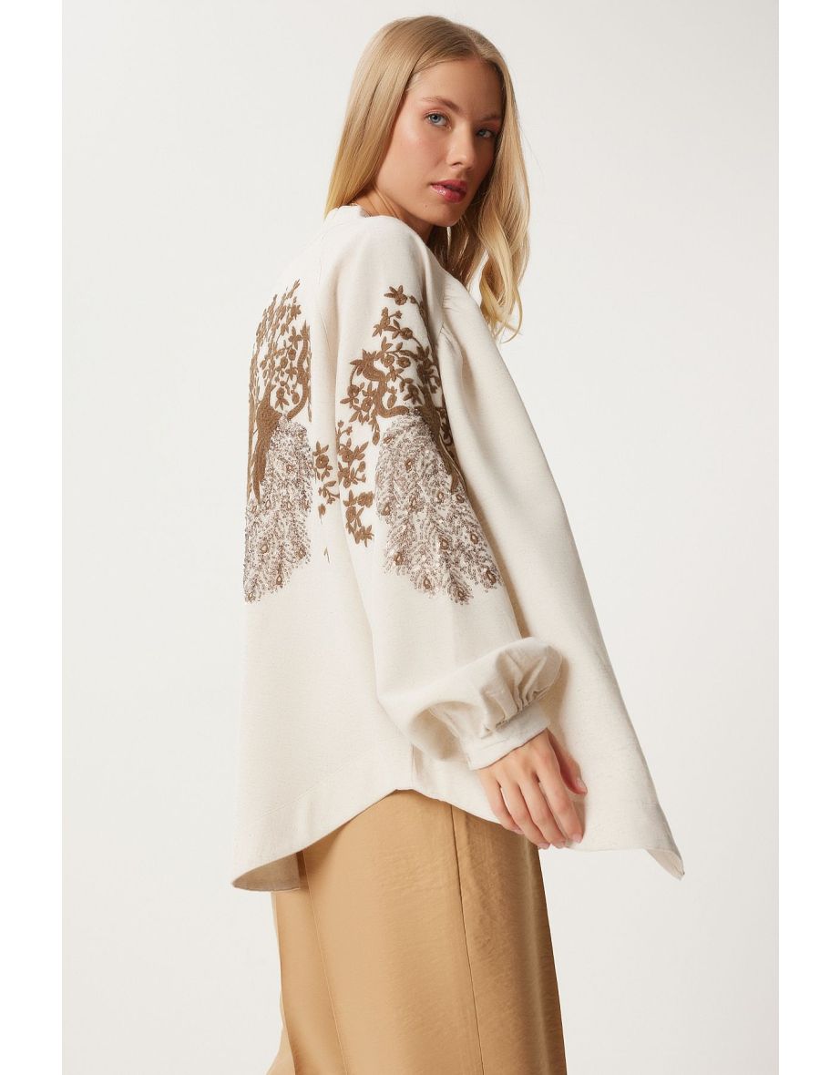Women's Cream Brown Embroidered Linen Kimono