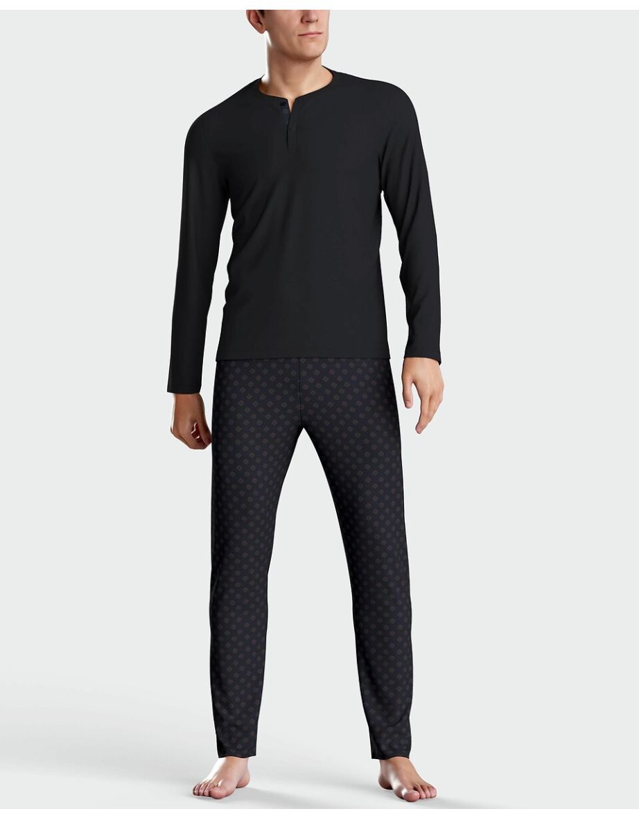 Cotton Mix Pyjamas with Buttoned Crew Neck