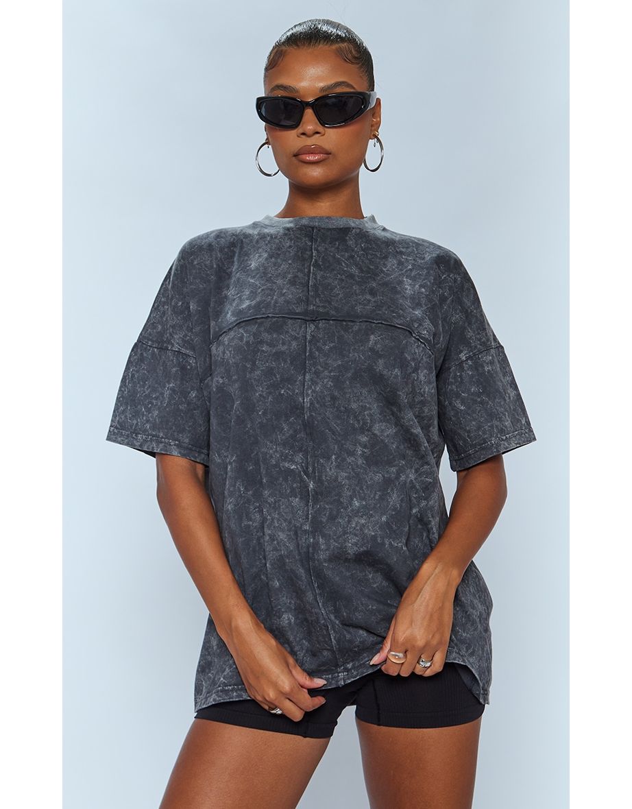 Grey Acid Wash Long Sleeve Exposed Seam T Shirt Dress - 3