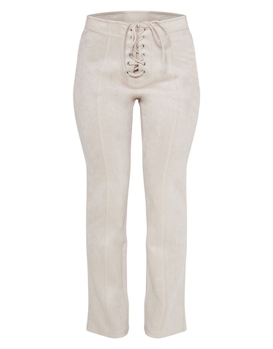 Petite Beige Suede Lace Up Straight Leg Trouser - 4