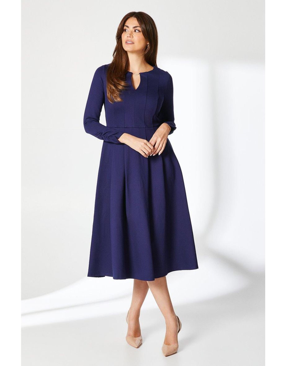 Principles by Debenhams Navy Pleated A-Line Midi Evening Dress with Long Sleeve