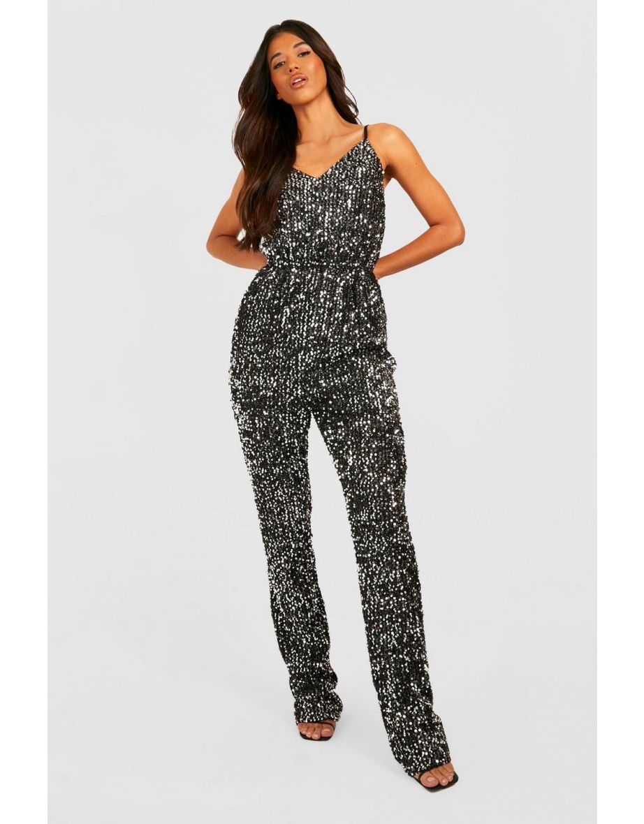 Tall Strappy Sequin Jumpsuit - silver