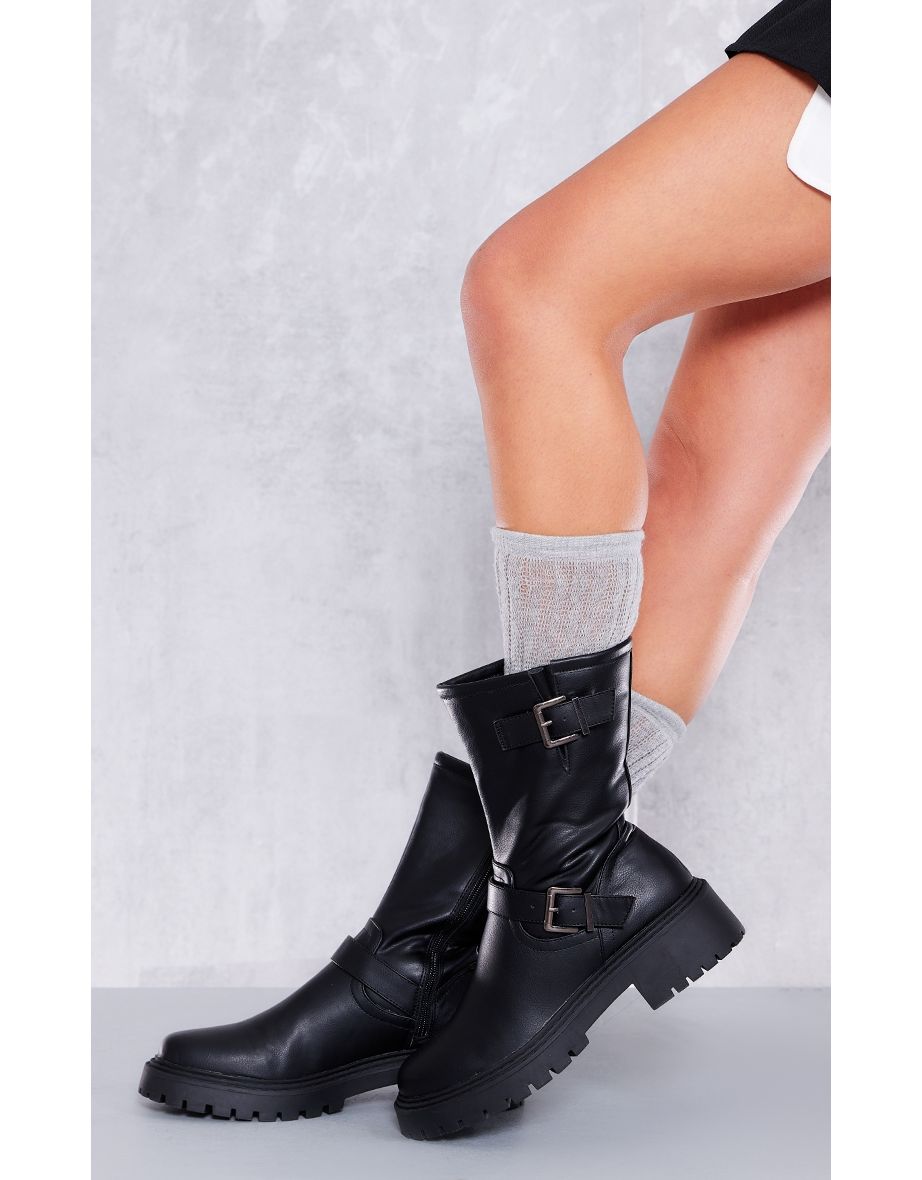Black Buckle Detail Mid Calf Chunky Ankle Boots