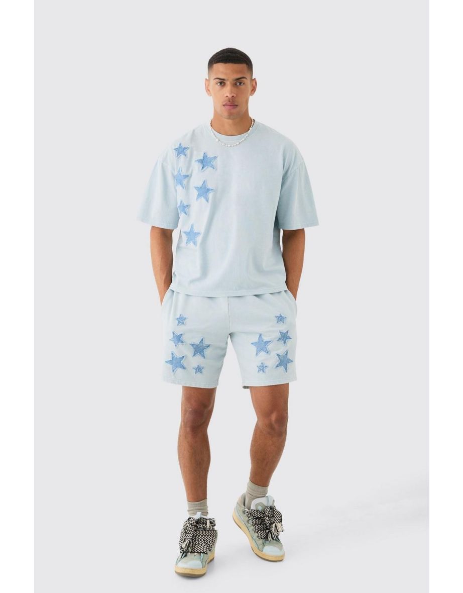 Oversized Acid Wash Denim Stars Applique T-shirt & Shorts Set - light blue
