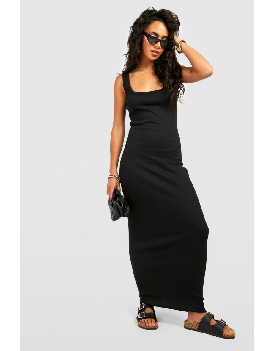 Premium Scoop Neck Rib Thick Binding Maxi Dress - black