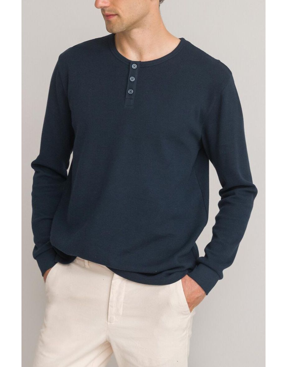 Cotton Grandad Collar T-Shirt with Long Sleeves
