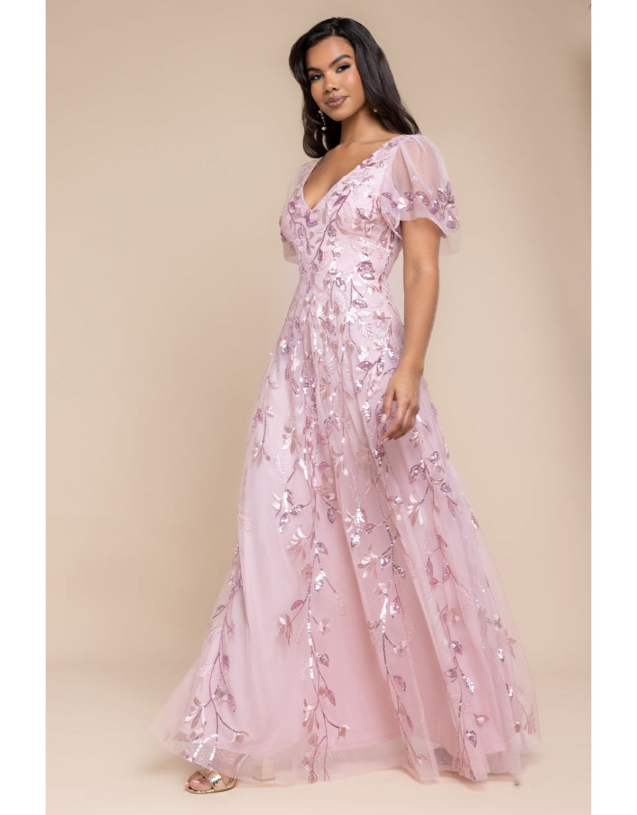 Goddiva Flared Sleeve Embroidered Maxi Dress - Blush