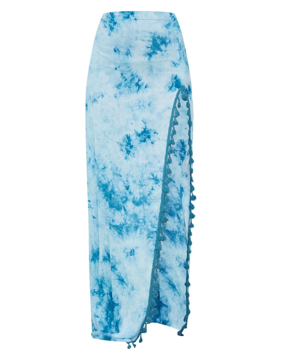 Turquoise Tie Dye Printed Knot Detail Tassel Hem Maxi Skirt - 4