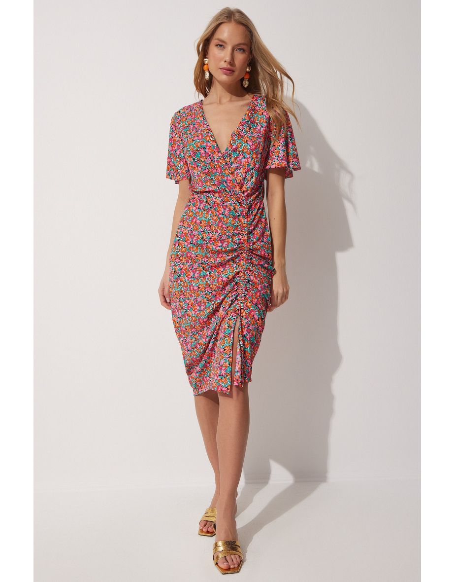 Women's Pink Floral Wrapped Collar Summer Dress