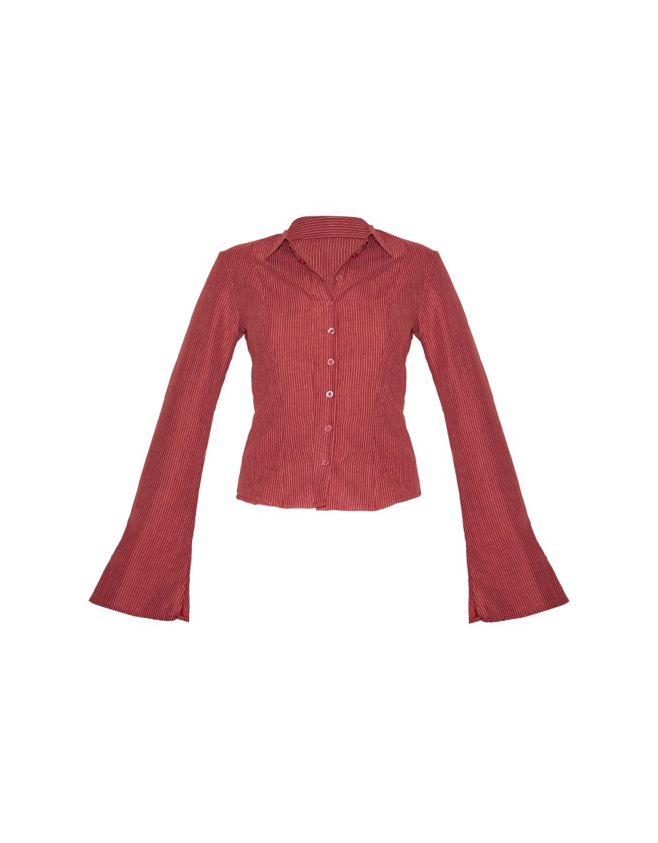 Burgundy Striped Peach Skin Fitted Shirt - 4