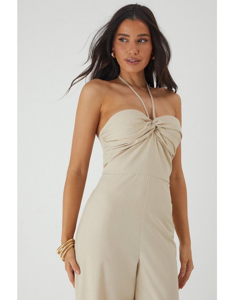 Linen Look Twist Halter Neck Jumpsuit - 3