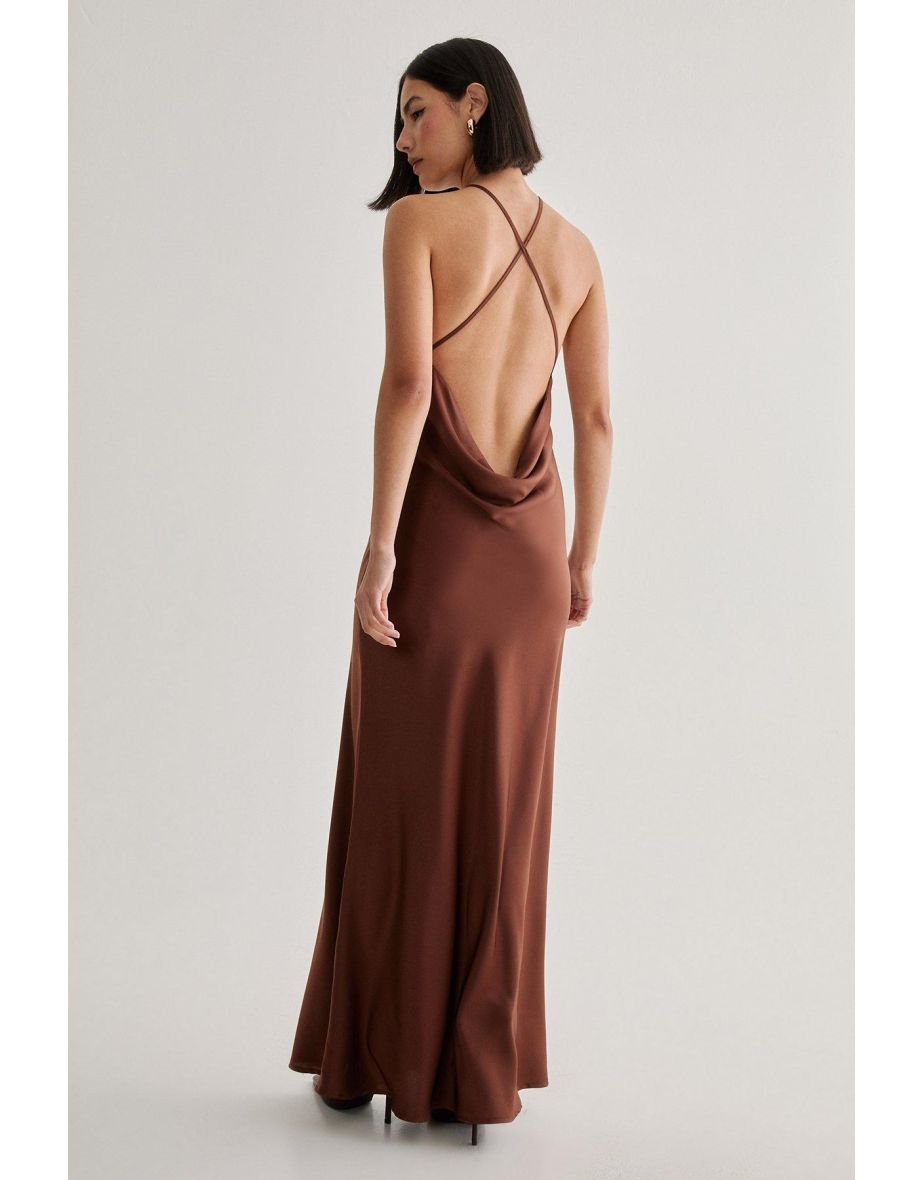 Satin Halter Neck Cowl Back Maxi Dress - 3