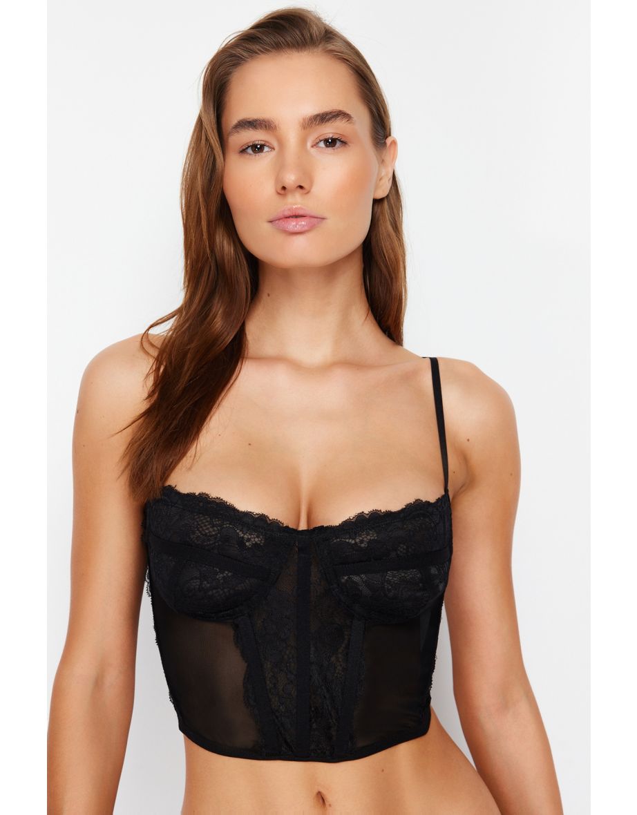 Black Lace Underwire Detailed Coverless Bustier Bra