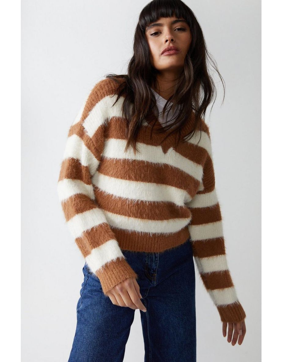 V neck hot sale fluffy jumper