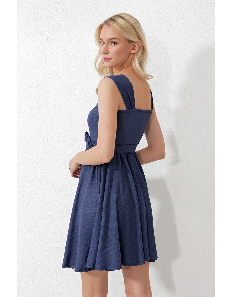 Women's Indigo Thick Strappy Skirt Flounce Tied Belt Dress - 4