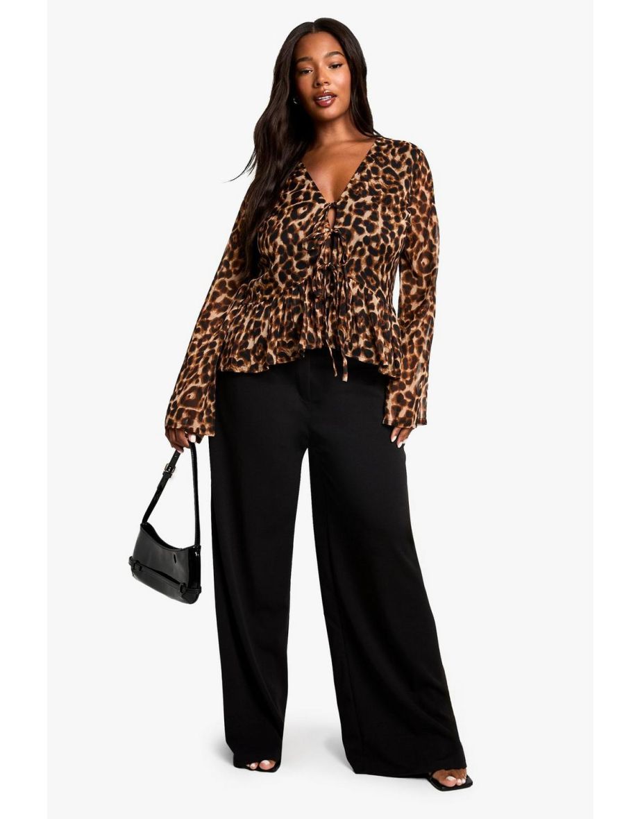 plus leopard tie front ruffle blouse - brown