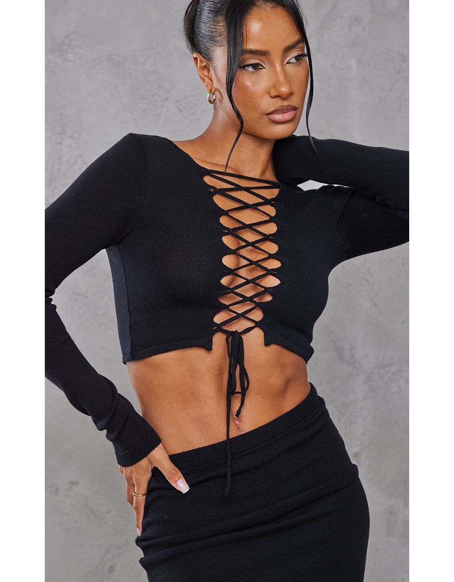 Black Knitted Lace Up Top