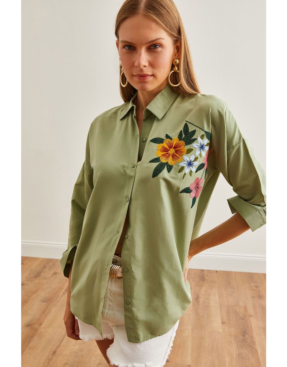 Women's Floral Mold Green Embroidery Detailed Oversize Woven Shirt