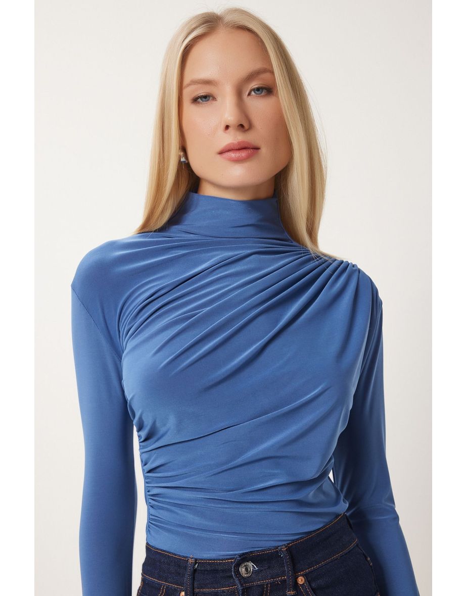 Women's Indigo Blue Gathered Detailed High Neck Sandy Blouse