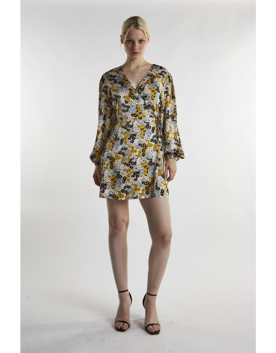 Mustard-Floral Wrap Mini-Dress