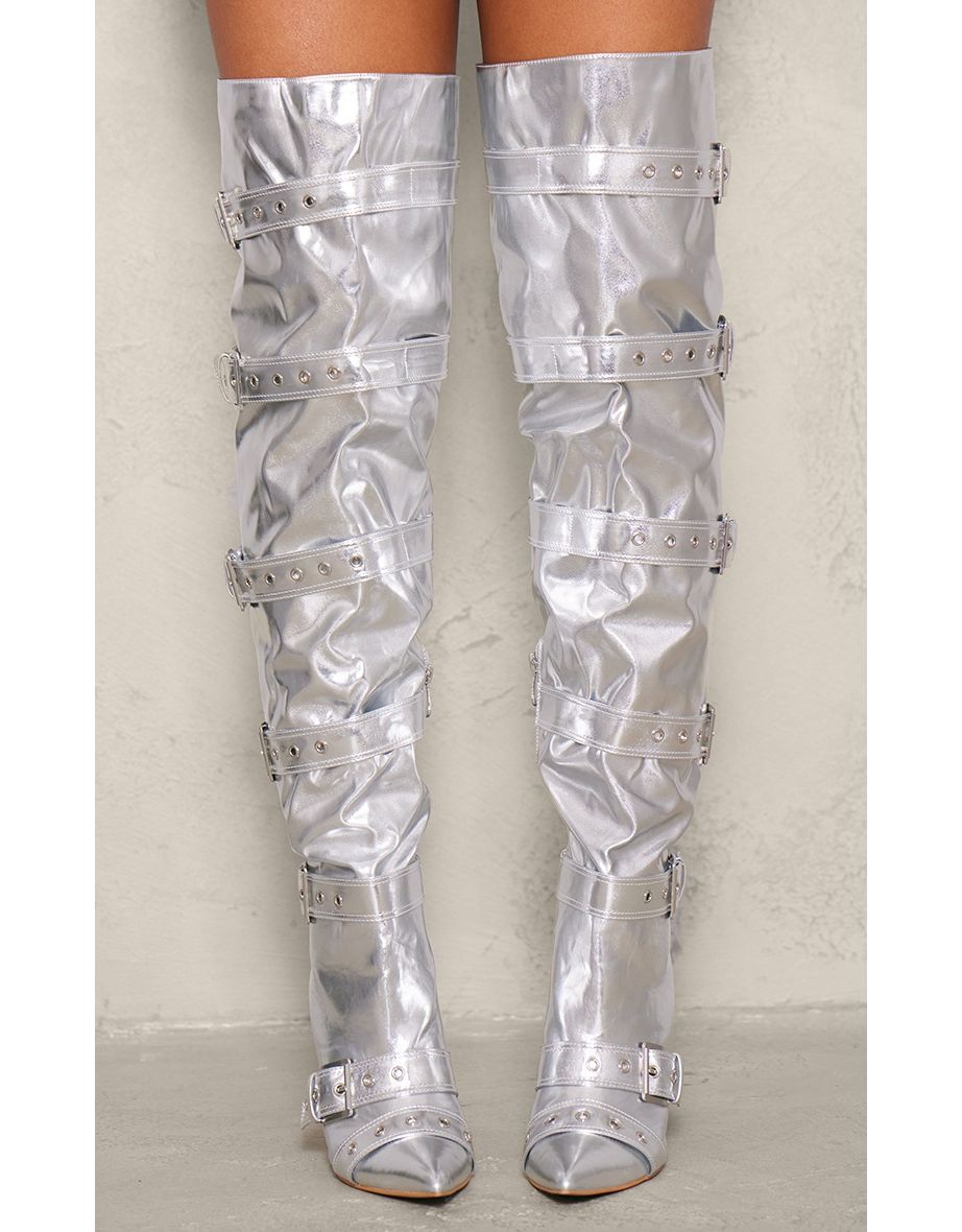 Silver Pu Point Toe Buckled Over The Heeled Boots - 3