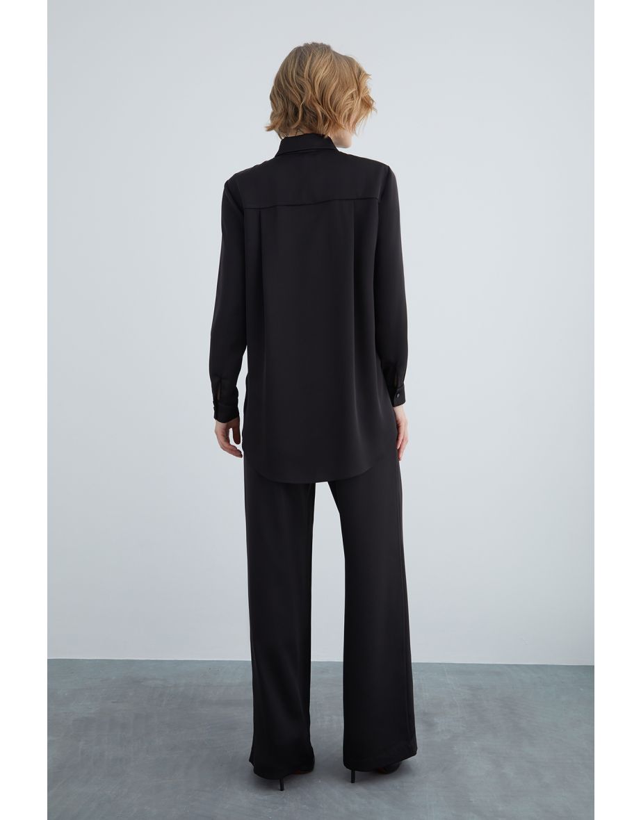 Loose Fit Shirt and Elastic Waist Wide-Leg Pajama Set - 3