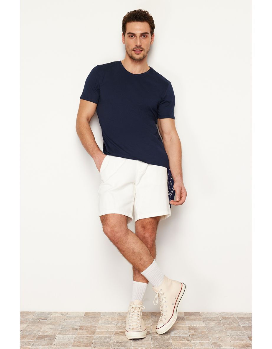 Navy Blue Basic Slim V-Neck Short Sleeved T-Shirt. 100% Cotton.