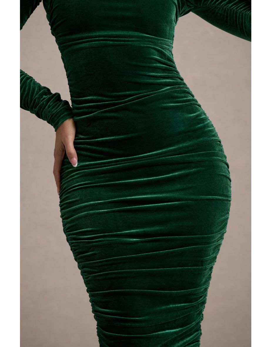 Seductress | Bottle Green Velvet Square Neck Bodycon Midi Dress With Long Sleeves - 6