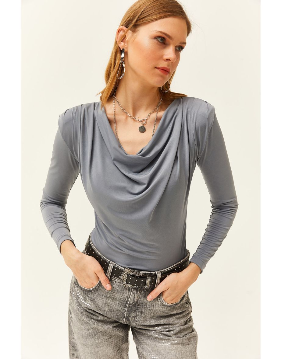 Women's Gray Waistband Pleated Roll Up Collar Blouse